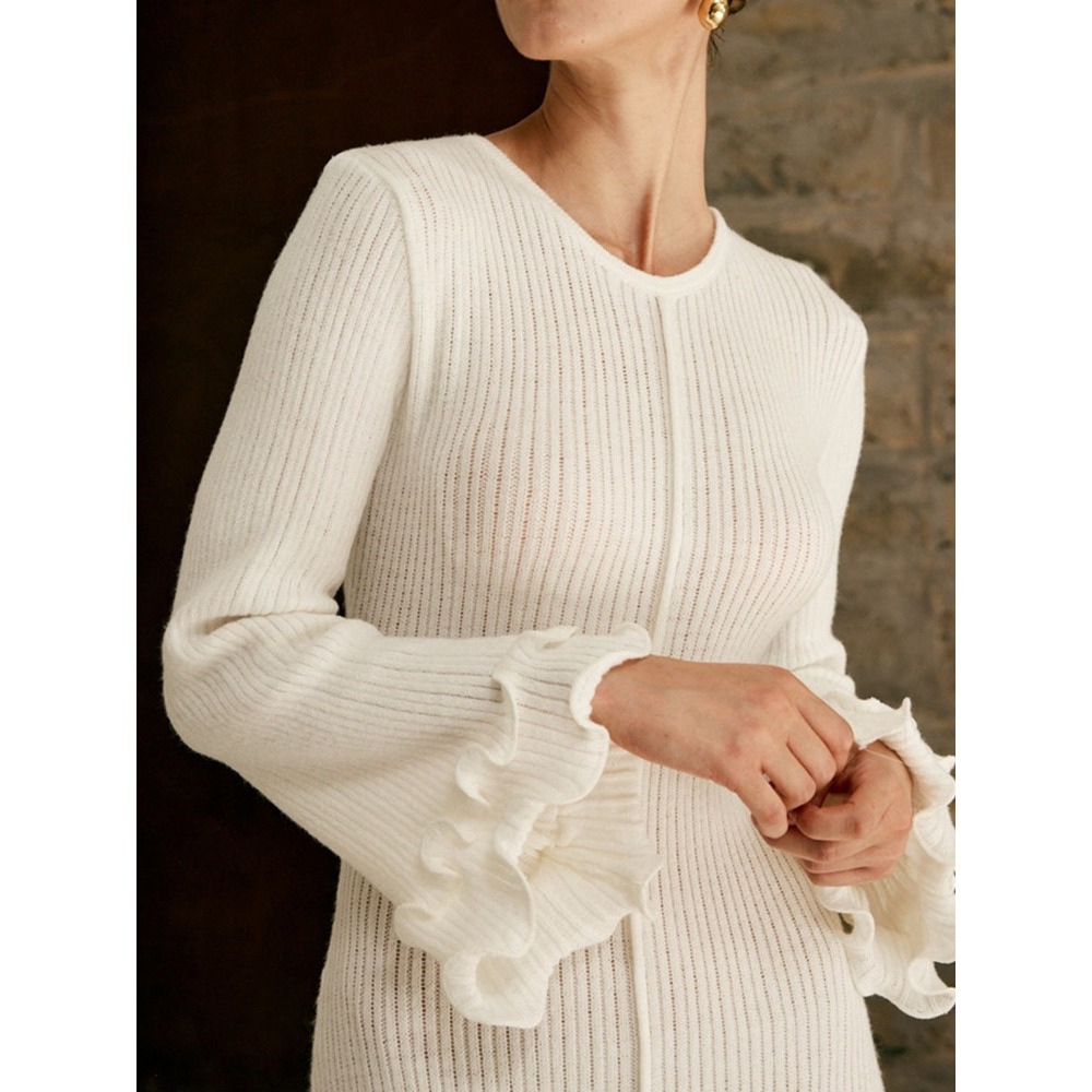 Commense Semi-Sheer‎ Ruffled Sleeve Knit Maxi Dress Long Sleeve White  size M - Picture 3 of 5